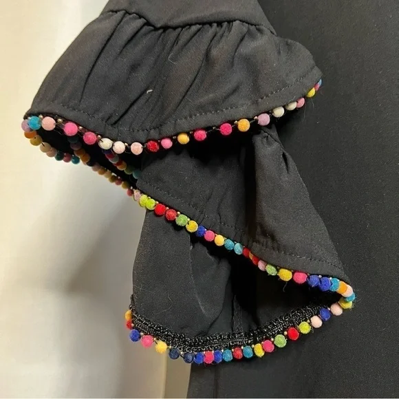Very J Black Shift Dress with Rainbow Pom Pom Ruffle Sleeves Small - Picture 4 of 11